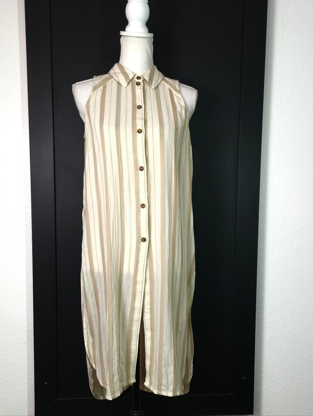 Anthropologie Striped Sleeveless Shirt Dress Tunic Beige Cream M